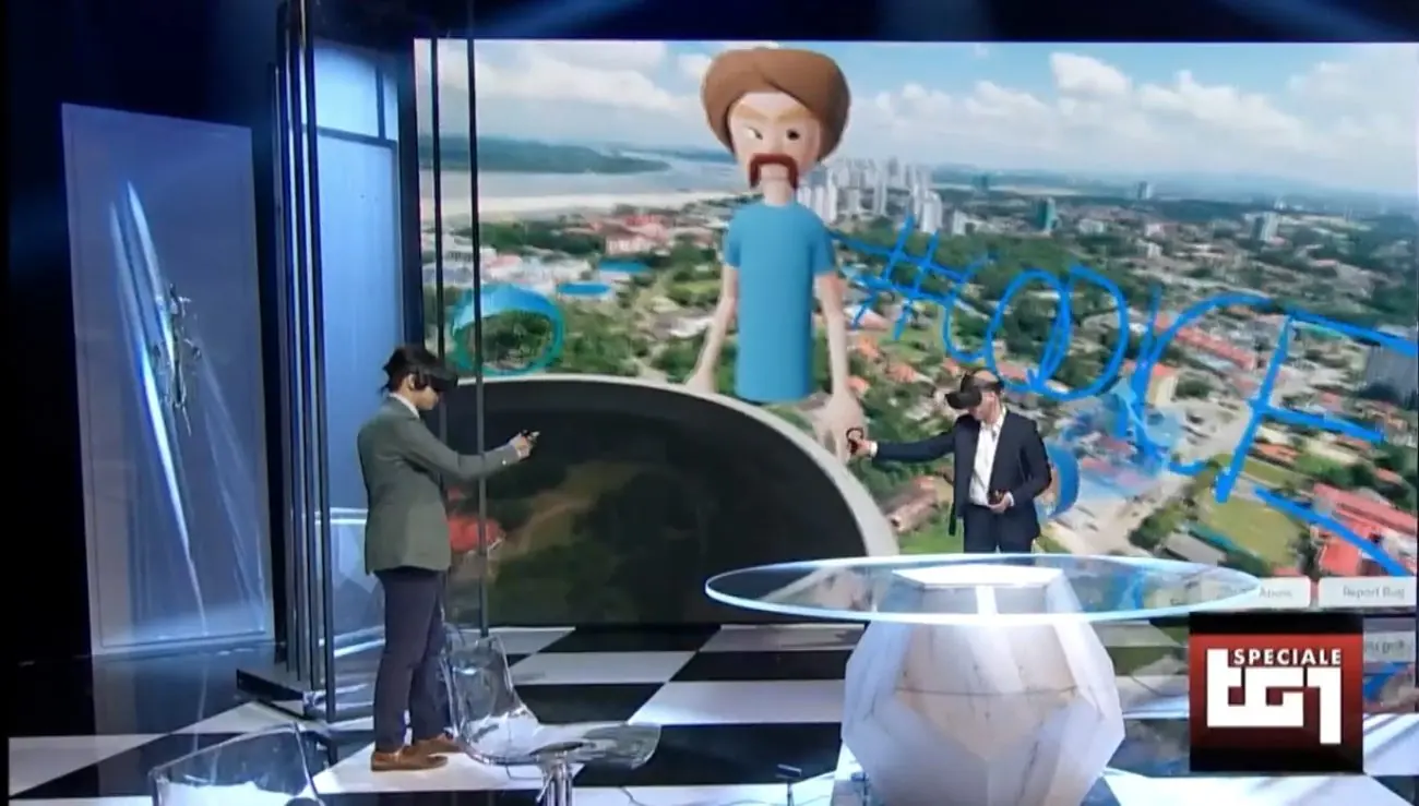 Dimostrazione di realtà virtuale social in studio, durante la trasmissione Codice ripresa dallo Speciale TG1